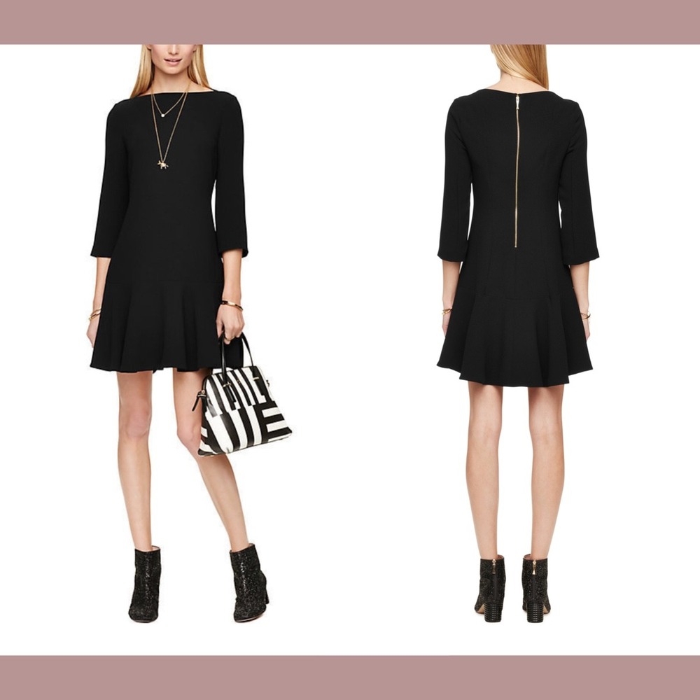 Kate Spade New York EUC Black Drop Waist Flounce Hem Dress 3/4 Sleeve Size 2 LBD
